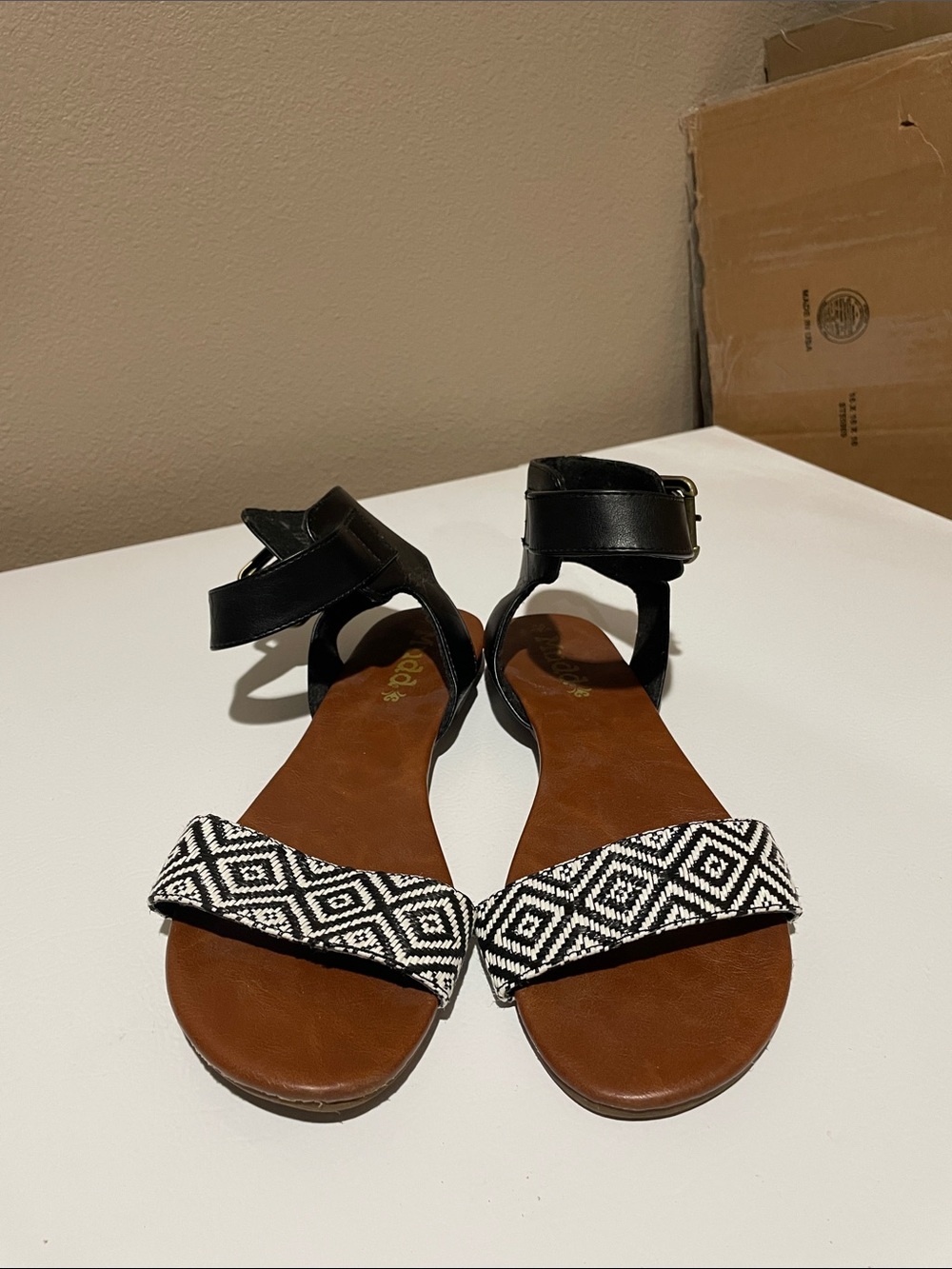 Mudd Women’s Black Ankle-Strap Sandals with Black & White Patterned Toe Band